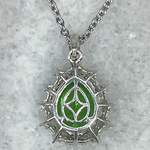 Chartreuse Quartz White Zircon Sterling Silver Teardrop Halo Pendant 20”Necklace - Picture 8 of 12